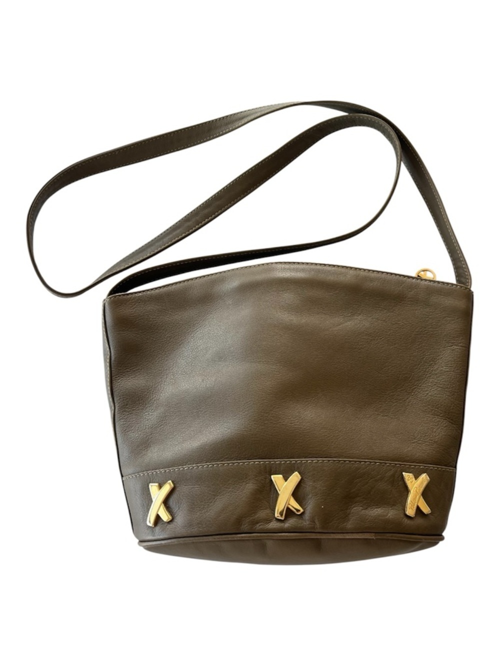 Vintage Paloma Picasso Italian Leather Olive Green Shoulder Bag Gold X Hardware